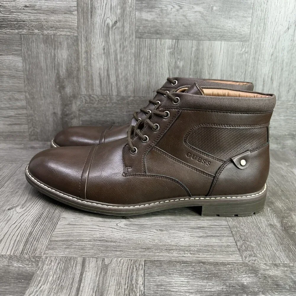 Guess Boots Mens 12 Brown Cap Toe Lace Up Synthetic Leather NEW